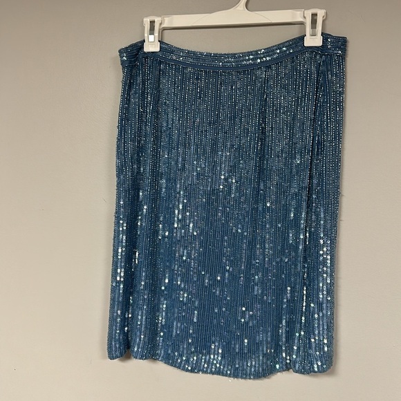 INC Glass beaded  and sequined silk skirt, lovely heaviness, Ice Blue,  Lined, 6 - Picture 4 of 8